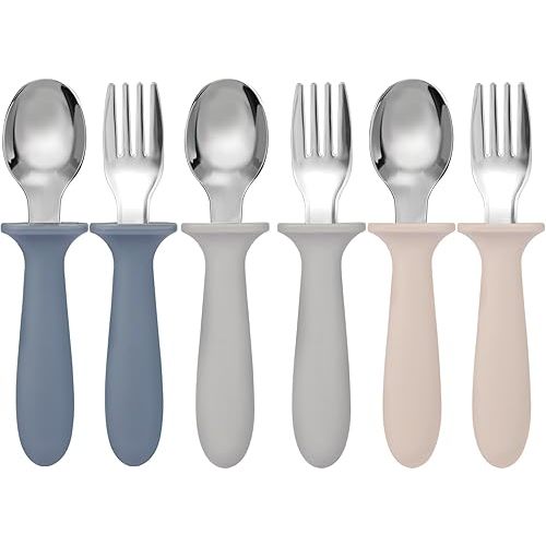 Toddler Forks and Spoons Set, 6 Pack Kids Silverware with Silicone Hand, 18/8 Stainless Steel Children Safe Toddler Utensils, BPA Free, Dishwasher Safe