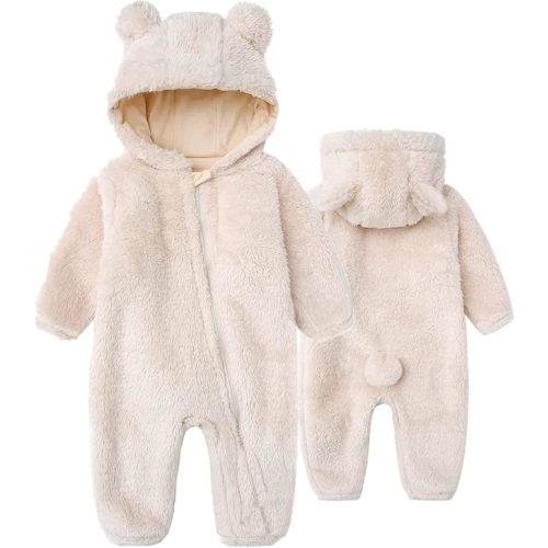 6-9 M Size Baby Snowsuit Bear Ear Hooded Jumpsuit Fleece Romper Zipper Winter Coat Outfits