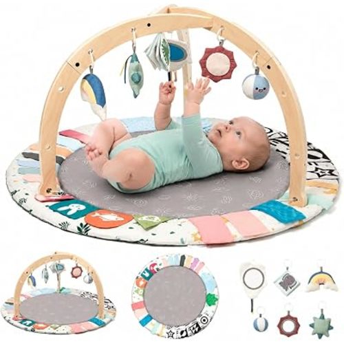 Newborn Baby Activity Gym Mat, Montessori Tummy Time Playmat with Detachable Sensory Toys, Infant Developmental Play Gym for Boys and Girls, Soft Washable Non-Slip Floor Mat (Grey)