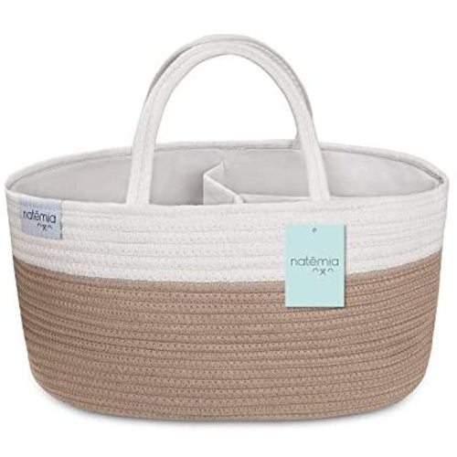 Natemia Rope Diaper Caddy Organizer│Large Portable Nursery Storage Bin and Car Travel Organizer│Tote Bag with Dividers for Diapers & Wipes
