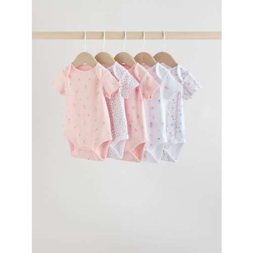 Pink 5 Pack Short Sleeve Baby Bodysuit