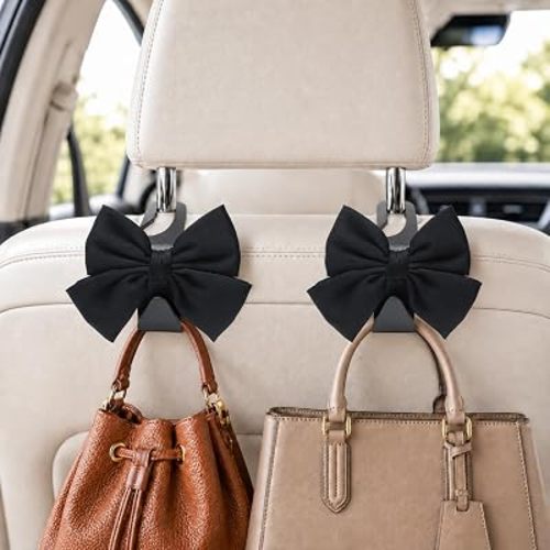 2 Pack Car Purse Holder for Handbags and Bags, Headrest Back Seat Hooks for Cars, Car Bag Hanger for Groceries, Coats, Umbrellas and Daily Essentials, Bow-Shaped Car Interior Organizer (Black silk)