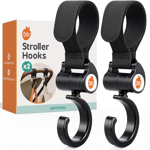 Baby Uma Stroller Hooks (2 Pack) - Open Stroller Hook with 360°-Swivel Neck & Extra Strong Strap, Easy On 'n Off & Universal, 11 lb Weight Capacity, Baby Travel Essential