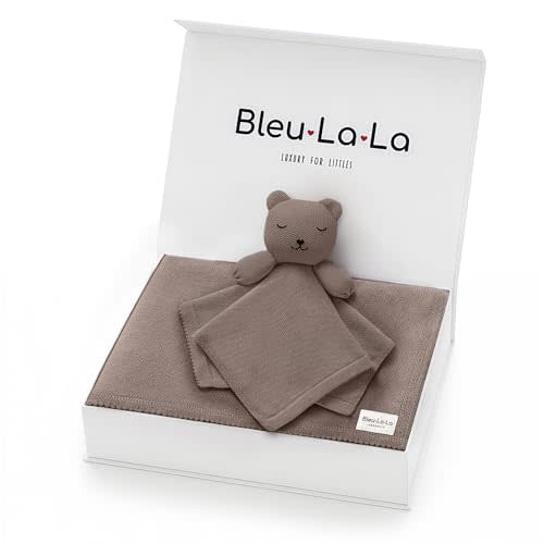 Baby Gift Set - Organic Cotton Newborn Blanket and Lovey Security Blanket Set, Newborn Gifts, Baby Boy Shower Gifts (Lovey - Bear - Milk Chocolate)