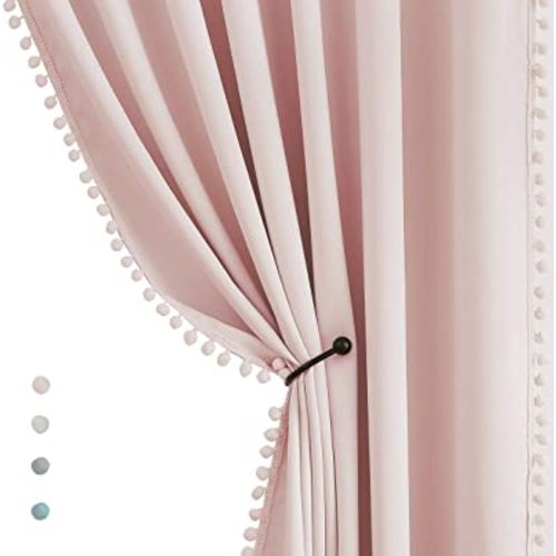 Treatmentex Pompom Blackout Curtains for Bedroom Pink Girls 90 inch Energy Efficient Thermal Insulated Living Room Darkening Curtain Panels for Kitchen Nursery Room 52" w x2 Panels Rod Pocket