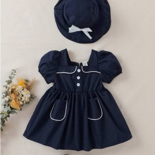 Souflis Souflis Baby Girl Square Neckline Contrast Binding Button Decor Leisure Dress With Hat