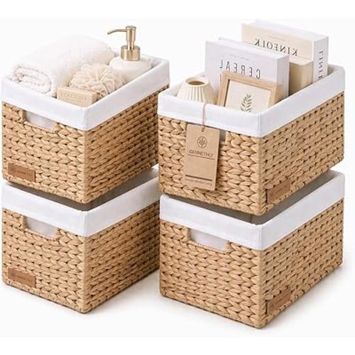 Water Hyacinth Wicker Baskets for Storage, Handwoven Rattan Shelf Basket for Organizing Pantry Closet Bedroom, 100% Natural Decorative Woven Organizer with Handles and Waterproof Canvas, 4 Pack