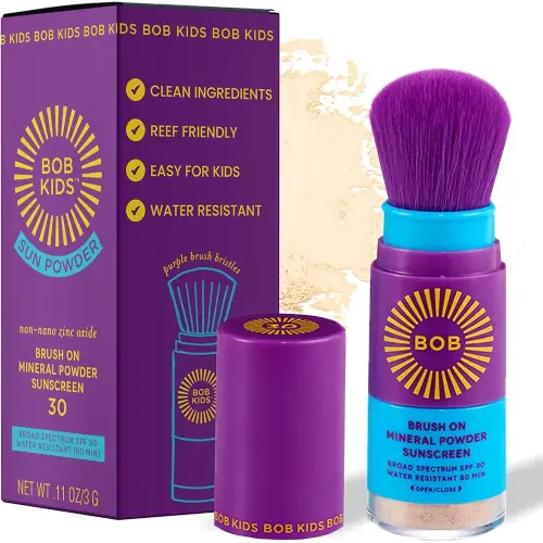 BOB KIDS SPF 30 Brush On Mineral Powder Sunscreen, Broad Spectrum Protection, Water Resistant 80 Mins, Fragrance Free, Easy to Apply for Kids & Babies, Mfg in USA