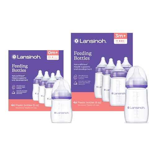 Lansinoh NaturalWave Newborn Gift Set – 4 Anti‑Colic 5 oz Bottles with Newborn XS Flow Nipples + 4 Breastfeeding 8 oz Bottles with M‑Flow Nipples 8 Pack Total