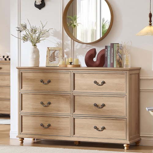 Joaxswe Farmhouse 6 Drawers Dresser Chests for Bedroom, Wood Rustic Horizontal Chset of Drawers, Natural Oak