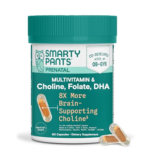 SmartyPants Women’s Prenatal Multivitamin Capsules, OB‑GYN Co‑Developed Prenatal Vitamins with Choline, Folate, Omega 3 DHA, & Iron for Baby’s Development, Gentle on Stomach, 60 Count (30 Day Supply)