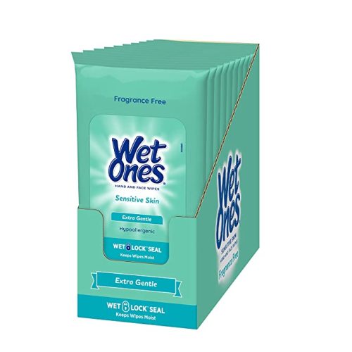 Wet Ones Sensitive Skin Hands and Face Wipes, 20 Count Travel Pack (Pack of 10)