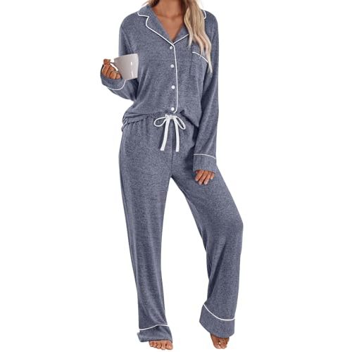 LILLUSORY Womens Pajamas Sets Long Sleeve Lounge Warm Sleepwear 2 pieces Fall Clothes With Pockets