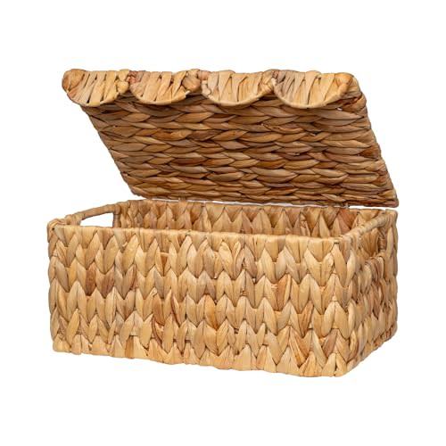 StorageWorks Wicker Basket with Scalloped Edge Lid, Handwoven Water Hyacinth Baskets for Bedroom, Living Room, 13" L x 9 ½" W x 6" H