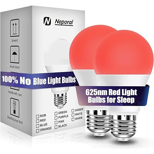 Neporal 625nm Red Light Bulbs for Sleep, 100% Blue Light Blocking Light Bulb, 9W Red Light Bulb for Melatonin Promoting, A19 60W Equivalent Dim Light Bulbs for Bedroom, Baby Nursery,2 Pack