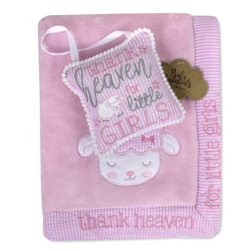 Baby Essentials 40"L x 30"W Satin Trim Fleece Baby Throw Blanket with Matching Hanging Door Décor Pillow for Newborns, Infants and Toddlers in Thank Heaven for Little Girls