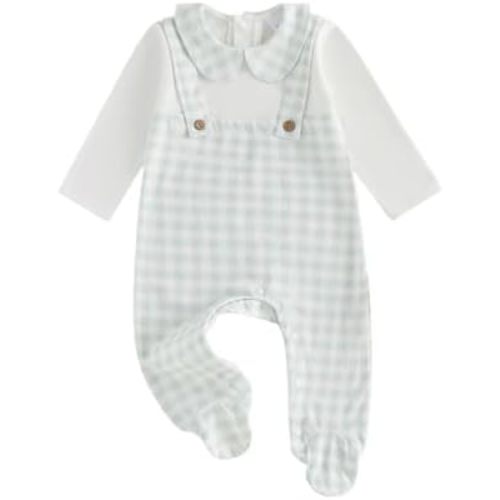 Baby Girl Boy Gingham Footies Romper Lapel Long Sleeve Jumpsuit Cute Gender Neutral Newborn Coming Home Outfit 0-6M