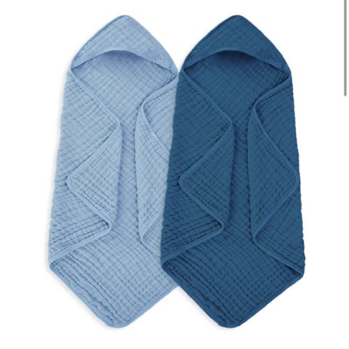Muslin Baby Towels 100% Cotton ，Super Soft Muslin Baby Bath Towel - 32 x 32 Inches, Suitable for Newborn and Young Children up to 3 Years Old. (Light Blue & Dark Blue)