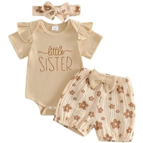 Newborn Baby Girl Summer Outfit Set Little Sister Lil Sis Short Sleeve Ribbed Romper Flower Shorts Infant Clothes