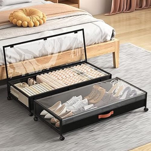 Under Bed Storage with Wheels, XXXL Larger Under Bed Storage Containers with Clear Lids, 36'' Lengthen Under Bed Shoe Organizer, Rolling for Shoes Clothes(Black 2 Pack, XXXL(36"x16.6"x7.48"))