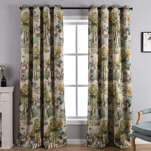 Vintage Blackout Curtains, Forest Castle Oil Painting, 2*52x84 Inch