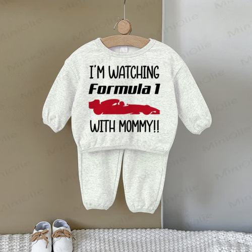 I'M WATCHING FORMULA 1 WITH MOMMY Baby Car Sweatshirt 2-piece Gray Set