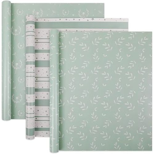WRAP STORM Sage Green Wrapping Paper – 3 Rolls (17" x 120") – Neutral Gift Wrap for Baby Shower, Wedding & Bridal Shower