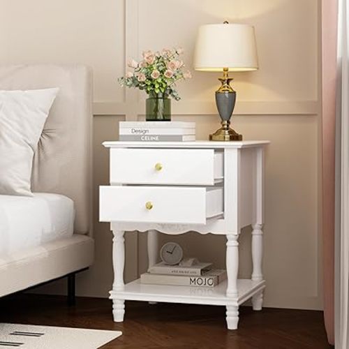 WOODTIME Accent Nightstand with 2 Drawers, Shelf & Carve Pattern, Modern Wooden Night Stand Bedside Table, Versatile Sofa End Bed Side Table for Bedroom Living Room, White