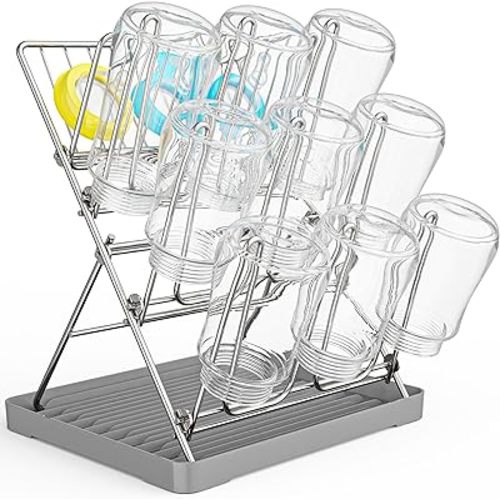 Vertical Baby Bottle Drying Rack, 9 Hooks Vertical Rack Dryer with Drainage Tray for Water Bottles, Drinking Glasses, Mugs, Cups, Foldable, Stainless Steel