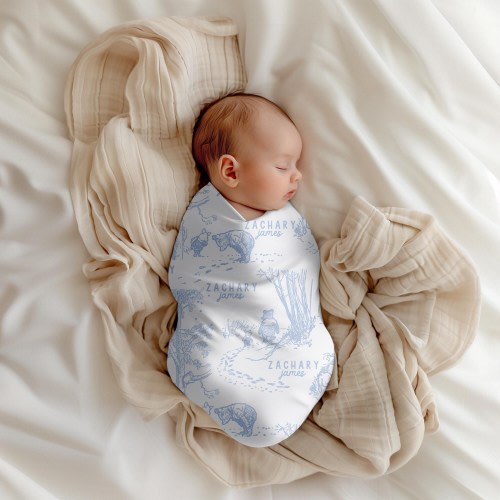 Blue Toile Classic Winnie the Pooh Bear Baby Boy Personalized Swaddle, Keepsake Baby Gift, Preppy Grandmillenial Blanket