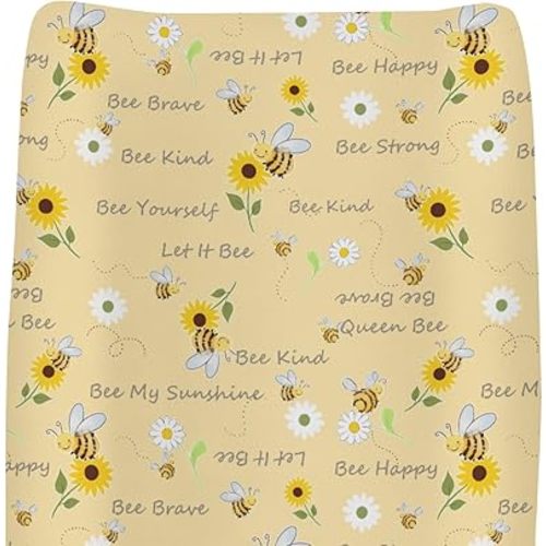 Sweet Bees Honey Changing Pad Covers for Baby Girls Boys Yellow Bee Words and Sunflowers Fitted Change Table Covers Mats Spring Summer Soft Diaper Change Table Cover Sheets for 32''×16'' Contoured Pad