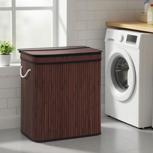 LEDREM Large Laundry Hamper with Lid and Handles, Bamboo Clothes Basket with Removable Liner, 21.5 x 13.6 x 24 inches, Brown