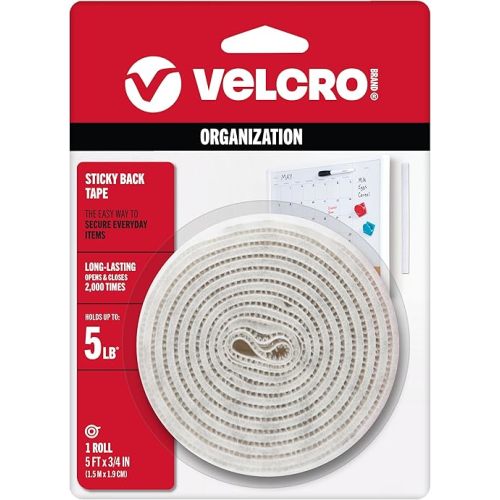 VELCRO Brand 5 Ft x 3/4 In | White Tape Roll with Adhesive | Cut Strips to Length | Sticky Back Hook and Loop Fasteners | Perfect for Home, Office or Classroom