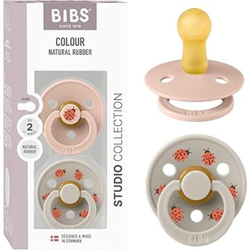 BIBS Studio Soother 2-Pack, BPA Free Dummy Pacifier, Round Nipple. Natural Rubber Latex, Made in Denmark, Size 2 (6-18 Months), Blush/Sand