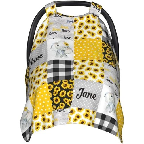 Personalized Elephant and Sunflower Plaid Baby Car Seat Canopy for Babies with Name, Customized Stroller Car Seat Covers for Girls Boys, Minky Nursing Carseat Cover for Breastfeeding, Newborn