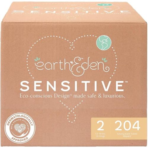 Earth & Eden Sensitive Baby Diapers, Size 2 (204 Count) - Eco-Conscious & Hypoallergenic Diapers - No Harsh Chemicals - Comfortable and Gentle on Skin - Dermatologically Approved