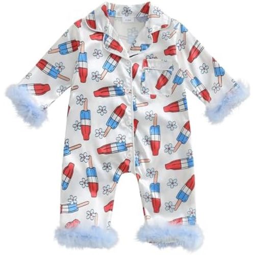 woshilaocai Baby Girl Button Down Romper Bow Strawberry Fuzzy Cuff Long Sleeve Jumpsuit Spring Summer Clothes