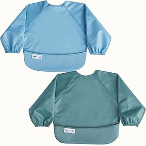 Tiny Twinkle Long Sleeve Bib for Babies & Toddlers | 2-Pack Waterproof Smock Bib for Eating | Machine Washable & Mess-Proof Feeding Essentials | Newborn Shower Gift (Slate Olive,2-4Y)