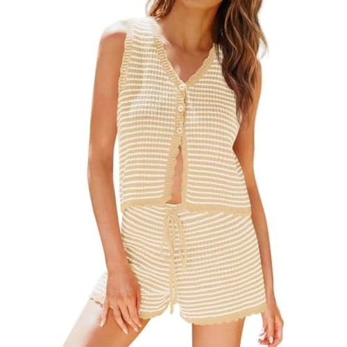 Tankaneo Womens 2 Piece Shorts Set Striped Summer Vacation Outfits Button Down Knit Vests Tops Casual Beach Matching Sets
