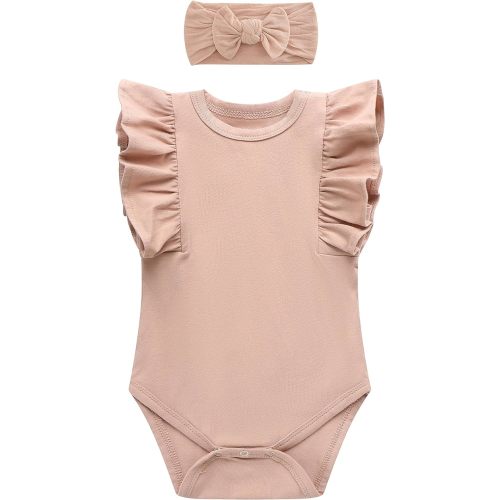 O2 BABY Organic Cotton Onesie Baby Girl Ruffle Romper Sleeveless Bodysuit Jumpsuit with Headband Outfit Set for Infant