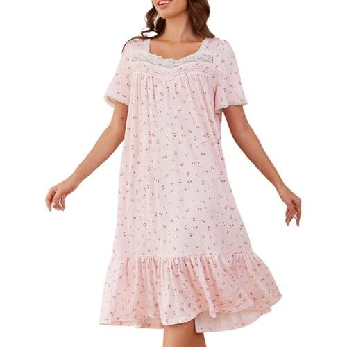 Long Nightgowns for Women Lace Collar Floral Print House Dresses with Pockets S-3XL