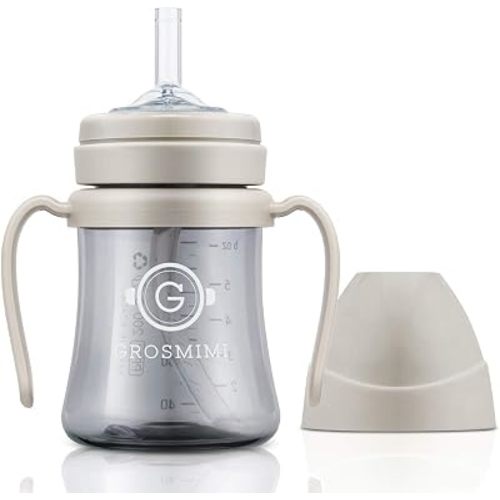 GROSMIMI PPSU Baby Straw Cup Stage 1, 6M+, Spill-Proof, 6oz (Beige)