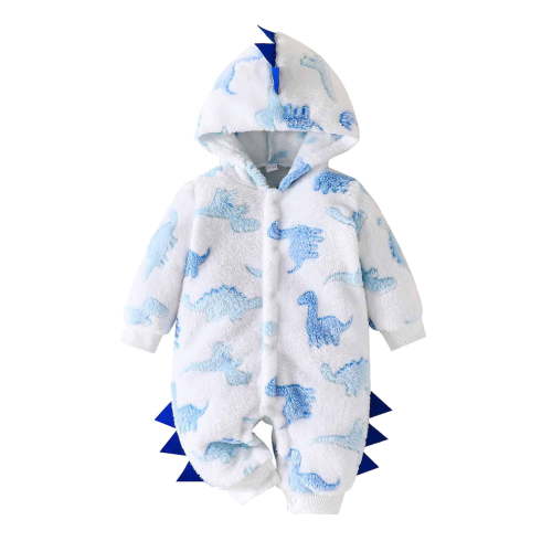 Odeerbi Infant Boys Girls Dinosaur Fleece Romper Jumpsuit Baby Clothes Baby Spring New Long Sleeve Hooded Bodysuits Blue