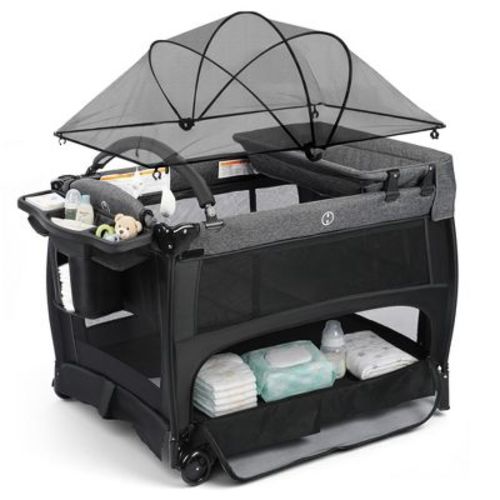 Kinder King 5-in-1 Baby Playard with Bassinet, Bedside Sleeper, Changing Table, Canopy & Side Zipper, Portable Baby Playard