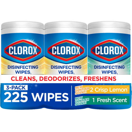 Clorox Germicidal Disinfectant Wipes, Non-Bleach Sanitizer, Crisp Lemon and Fresh Scent, 75 Count, 3 Pack