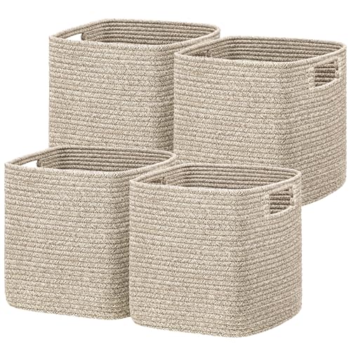 UBBCARE Storage Cubes 11 Inch, Cotton Rope Woven Baskets for Organizing, Cube Storage Bin for Baby Nursery, 4-Pack Square Toy Storage Baskets for Shleves Organizer, Closet, Kidsroom, All Browm