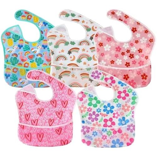 PandaEar 5 Pack Baby Bibs for Boys & Girls, Waterproof Adjustable Mealtime Bibs for Toddler 6-24 Months, Lightweight Soft