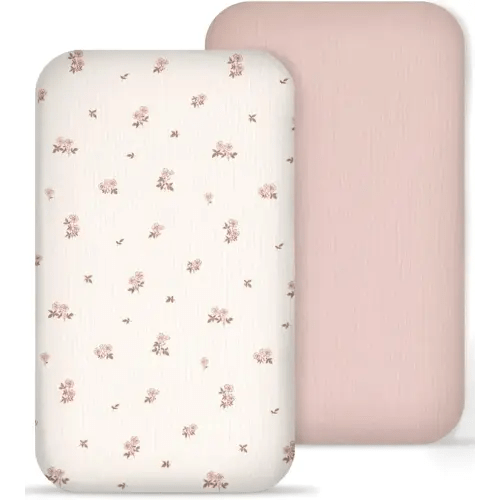Muslin Bedside Bassinet Sheets 2 Pack, 33x20 Fitted Ultra Soft & Breathable Bedside Sleeper Sheets, Ideal for Baby Girl and Boy, Perfect for Newborns (Vintage Blossom & Pink)