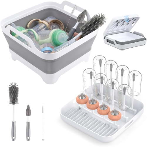 Collapsible Baby Bottle Wash Basin w/Drying Rack & Drain Plug, Gray