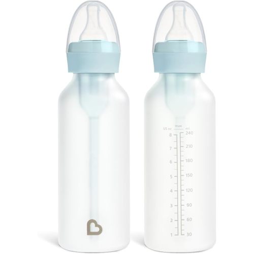 Munchkin Bond Silicone Coated Glass Baby Bottles - Anti-Colic Feeding System with Natural Feel Nipples, 8 Ounce, 2 Pack Blue